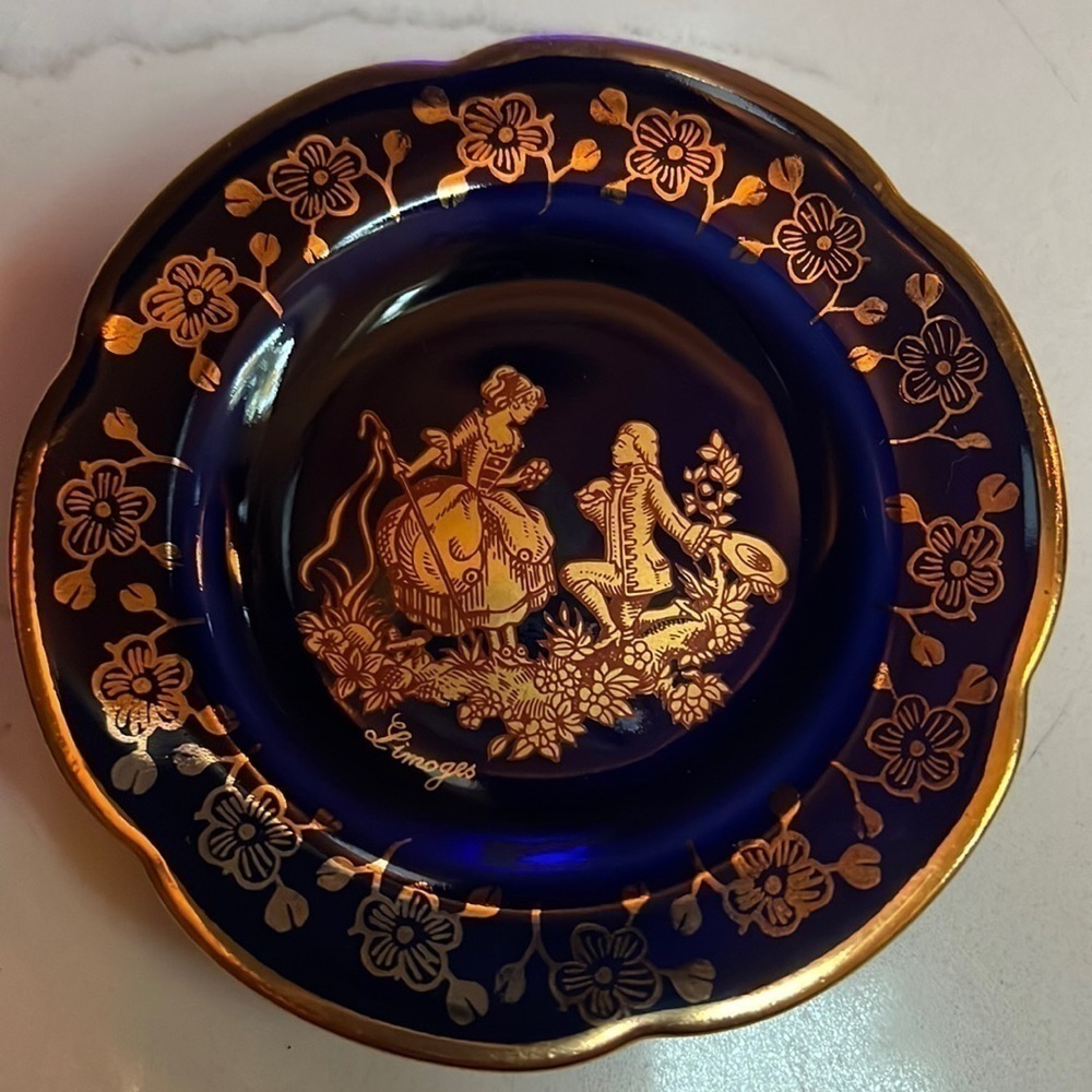 Limoges Castel Cobalt Blue Porcelain Gold Pattern 3.25” Made in France